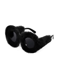 Women Plush Fuzzy Round Sunglasses Punk Soft Velvet Shades Ladies Handmade Party Cosplay Eyewear B2889