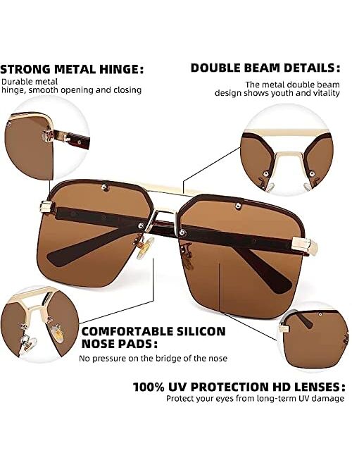 FEISEDY Men Women Trendy Square Pilot Double Bridge Sunglasses Retro Oversized Rimless Gradient Lens Shades B2325