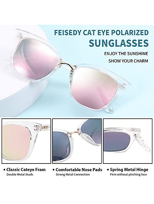 FEISEDY Women Cat Eye Polarized Sunglasses Cute Classic UV400 Sun Glasses Double Metal Studs B2707