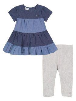 Little Girls Tiered Chambray Tunic and Ribbed Heather Capri Leggings, 2 Piece Set