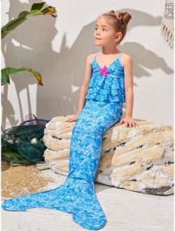 Toddler Girls 3pcs Fish Scale Print Ruffle Trim Mermaid Tail Set