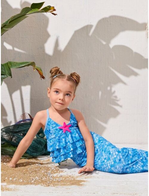 Shein Toddler Girls 3pcs Fish Scale Print Ruffle Trim Mermaid Tail Set