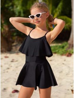 Girls Solid Ruffle Trim Cami One Piece Swimsuit