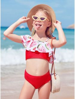 Girls Watermelon Print Ruffle Trim Bikini Swimsuit With Beach Skirt
