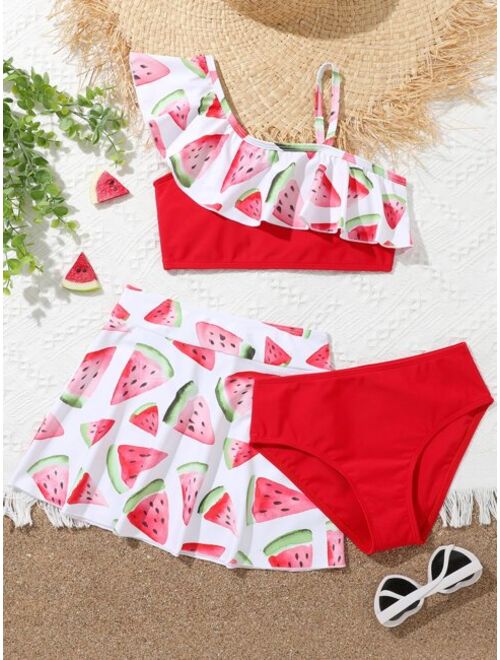 Shein Girls Watermelon Print Ruffle Trim Bikini Swimsuit With Beach Skirt