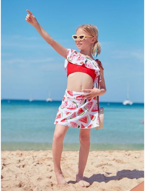 Shein Girls Watermelon Print Ruffle Trim Bikini Swimsuit With Beach Skirt