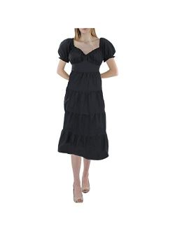 Women's Tiered Ruffle Trim Puff Sleeve Midi Dress