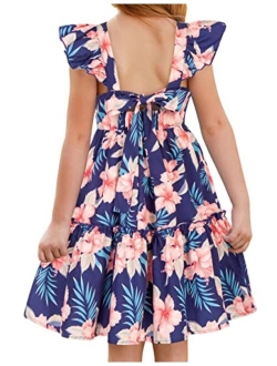 Girls Floral Dress Tie Back Flutter Sleeves Casual Summer Dresses for 6-12Y