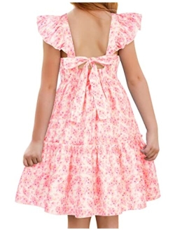 Girls Floral Dress Tie Back Flutter Sleeves Casual Summer Dresses for 6-12Y