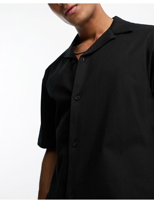 River Island revere collar short sleeve jersey shirt in black