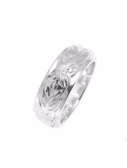 Sterling Silver 925 Hawaiian Maile Leaf Plumeria Flower Scroll 6mm/8mm Double Ring