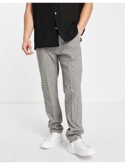 slim smart pants with elastic waist in gray plaid