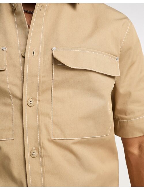 River Island short sleeve utility double pocket shirt in stone