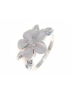 Sterling Silver 925 Hawaiian 12mm Plumeria Flower Maile Leaf White cz Ring Size 1 to 11