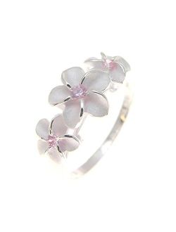 Sterling Silver 925 3 Hawaiian Plumeria Flower Ring Pink cz Size 3 to 10