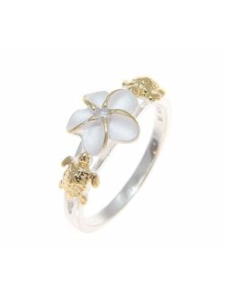 Sterling Silver 925 Hawaiian Plumeria Flower cz Turtle Ring 2 Tone Yellow Gold Plated Size 3 to 13