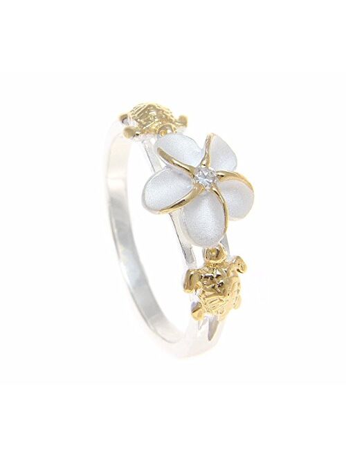 Arthur's Jewelry Sterling Silver 925 Hawaiian Plumeria Flower cz Turtle Ring 2 Tone Yellow Gold Plated Size 3 to 13