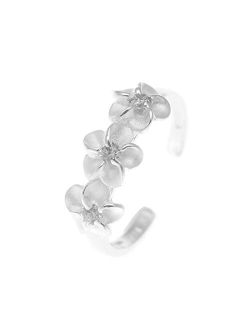 925 Sterling Silver Hawaiian 3 Triple Plumeria Flower White cz Open Toe Ring