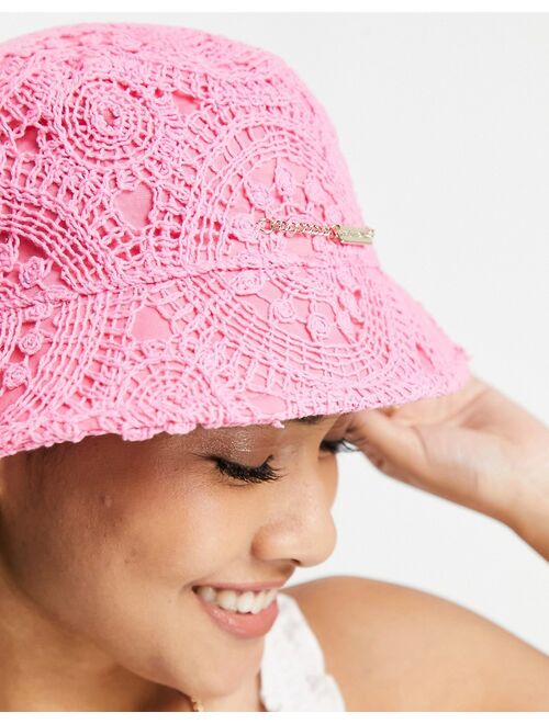 River Island crochet bucket hat in bright pink
