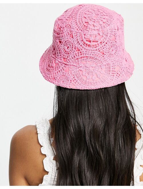 River Island crochet bucket hat in bright pink