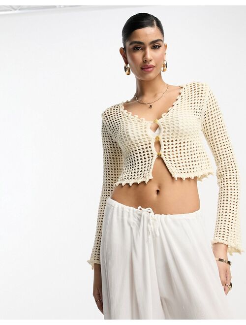 River Island crochet button crop knitted top in cream