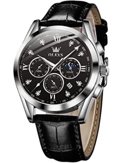 Mens Leather Watches Chronograph Luxury Fashion Dress Analog Quartz Wrist Watch Luminous Waterproof Moon Phase Date