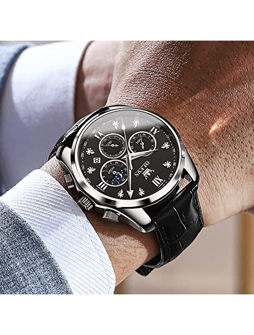 OLEVS Mens Leather Watches Chronograph Luxury Fashion Dress Analog Quartz Wrist Watch Luminous Waterproof Moon Phase Date