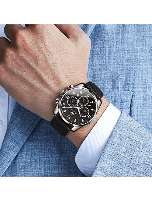 OLEVS Mens Leather Watches Chronograph Luxury Fashion Dress Analog Quartz Wrist Watch Luminous Waterproof Moon Phase Date