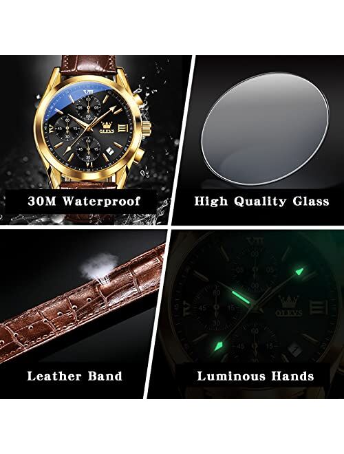OLEVS Men's Casual Leather Watch,Large Face Multifunctional Chronograph Watch,Fashion Business Easy to Read Watches for Men,HD Luminous Hands Display Waterproof Date Anal