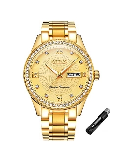 Male Wrist Watches, Analog Quartz Business Stainless Steel Waterproof Luminous Watches Luxury Casual Classic Glamour Big Diamond Dial Date Multi-Function Chronograp