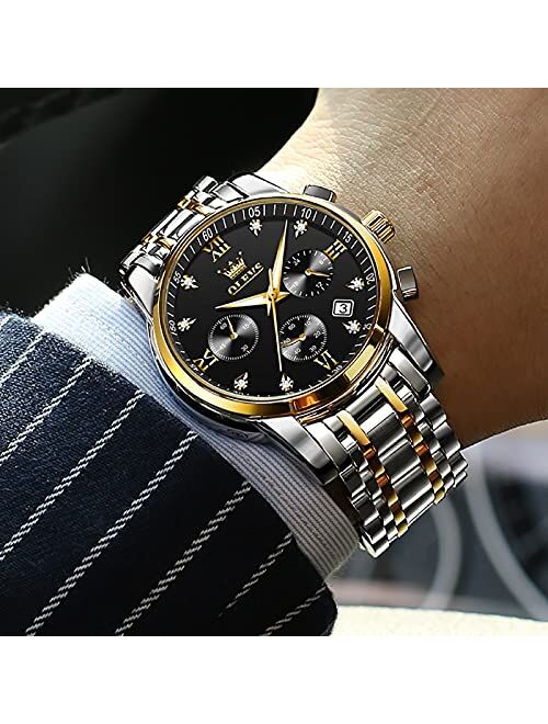 OLEVS Male Wrist Watches, Analog Quartz Business Stainless Steel Waterproof Luminous Watches Luxury Casual Classic Glamour Big Diamond Dial Date Multi-Function Chronograp