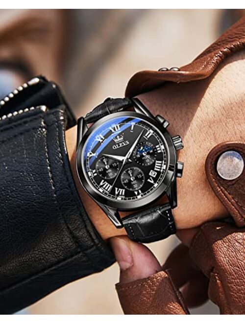 OLEVS Mens Watches Brown Black Leather Chronograph Fashion Business Watch Luminous Waterproof Casual Wrist Watches