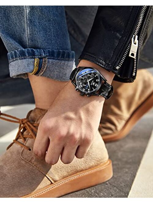 OLEVS Mens Watches Brown Black Leather Chronograph Fashion Business Watch Luminous Waterproof Casual Wrist Watches
