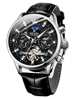 Men's Watch Leather Skeleton Automatic Mechanical Tourbillon Calendar Moon Phase Luminous Waterproof Luxury Business Wristwatch