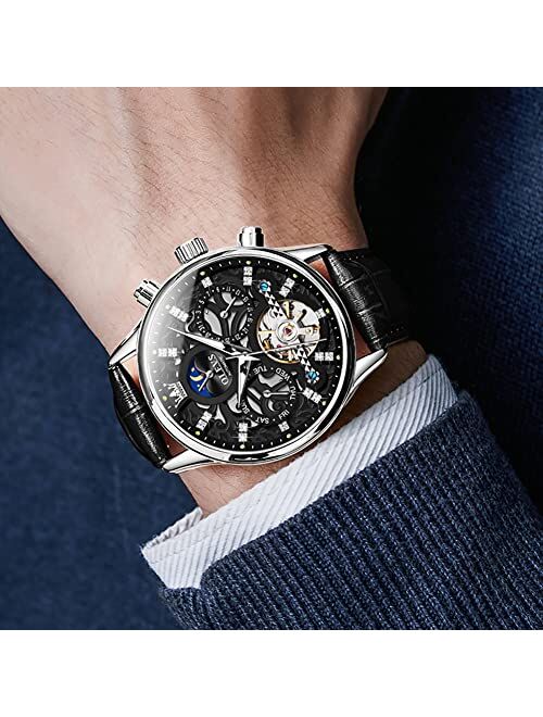 OLEVS Men's Watch Leather Skeleton Automatic Mechanical Tourbillon Calendar Moon Phase Luminous Waterproof Luxury Business Wristwatch