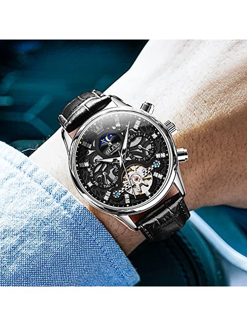 OLEVS Men's Watch Leather Skeleton Automatic Mechanical Tourbillon Calendar Moon Phase Luminous Waterproof Luxury Business Wristwatch