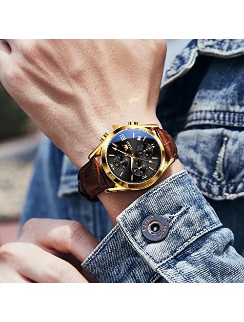 OLEVS Men's Casual Leather Watch, Big Face Waterproof Chronograph Watch for Men, Luminous Date Men Analog Watch, Fashion Easy Read Men Dress Watch