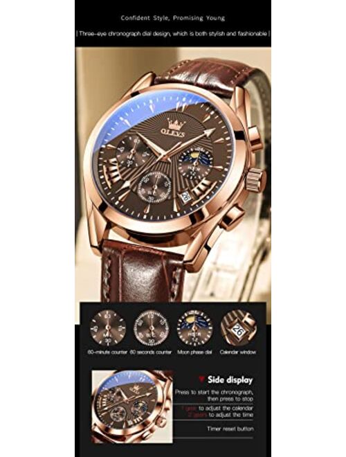 OLEVS Mens Watches-Chronograph Fashion Casual Analog Quartz Watch Waterproof, Dress Luminous Wrist Watches with Leather Strap for Men Black/Brown/White/Blue Dial