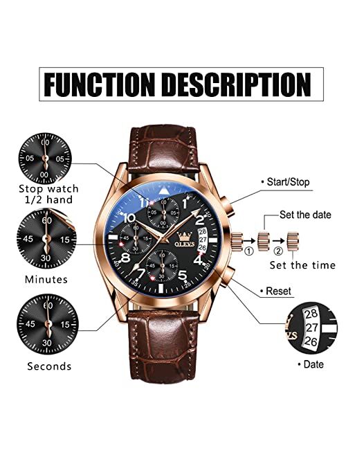 OLEVS Men Watch Leather,Chronograph Men's Wrist Watches,Analog Dress Watches for Men with Day,Fashion Mens Watches Waterproof with Luminous,Brown/Black/Blue/White Dial