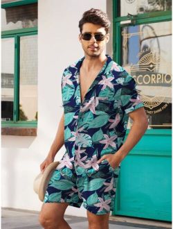 MLANM Men Clothing Men Tropical Print Shirt & Shorts