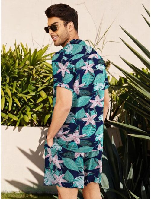 MLANM Men Clothing Men Tropical Print Shirt & Shorts