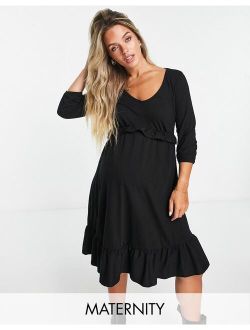Maternity frill smock mini dress in black