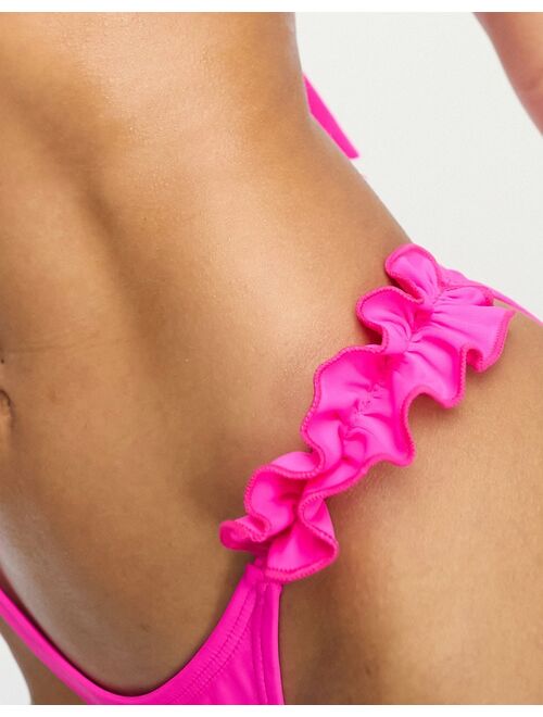 River Island frill side thong bikini bottom in bright pink