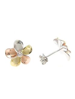 925 sterling silver yellow rose gold rhodium plated tricolor tricolor Hawaiian plumeria stud earrings cz 12mm