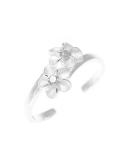 925 Sterling Silver Hawaiian Double Plumeria Flower White cz Open Toe Ring