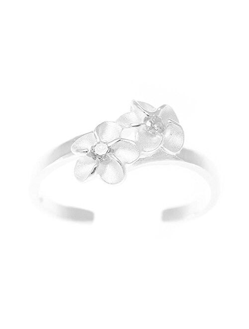 Arthur's Jewelry 925 Sterling Silver Hawaiian Double Plumeria Flower White cz Open Toe Ring