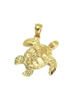 14k Solid Yellow Gold Sparkly Diamond Cut Hawaiian sea Turtle Honu Pendant