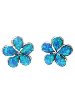 925 sterling silver Hawaiian 12mm plumeria flower blue synthetic opal post stud earrings