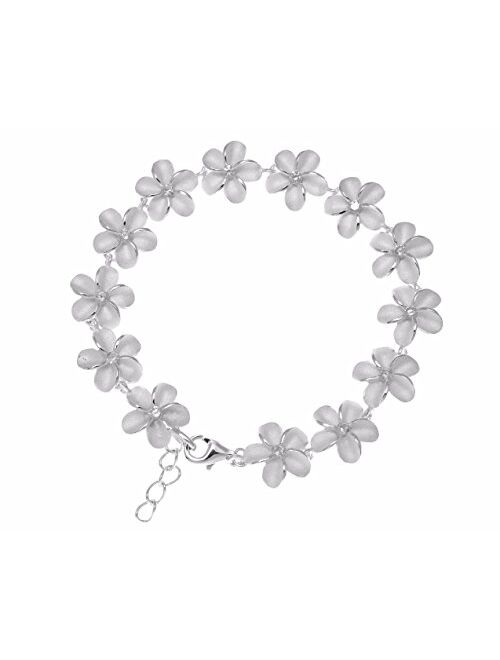 Arthur's Jewelry 925 Sterling Silver Hawaiian Plumeria Flower Link Bracelet cz 10mm 7"