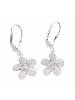 Sterling silver 925 Hawaiian plumeria flower cz leverback earrings 15mm